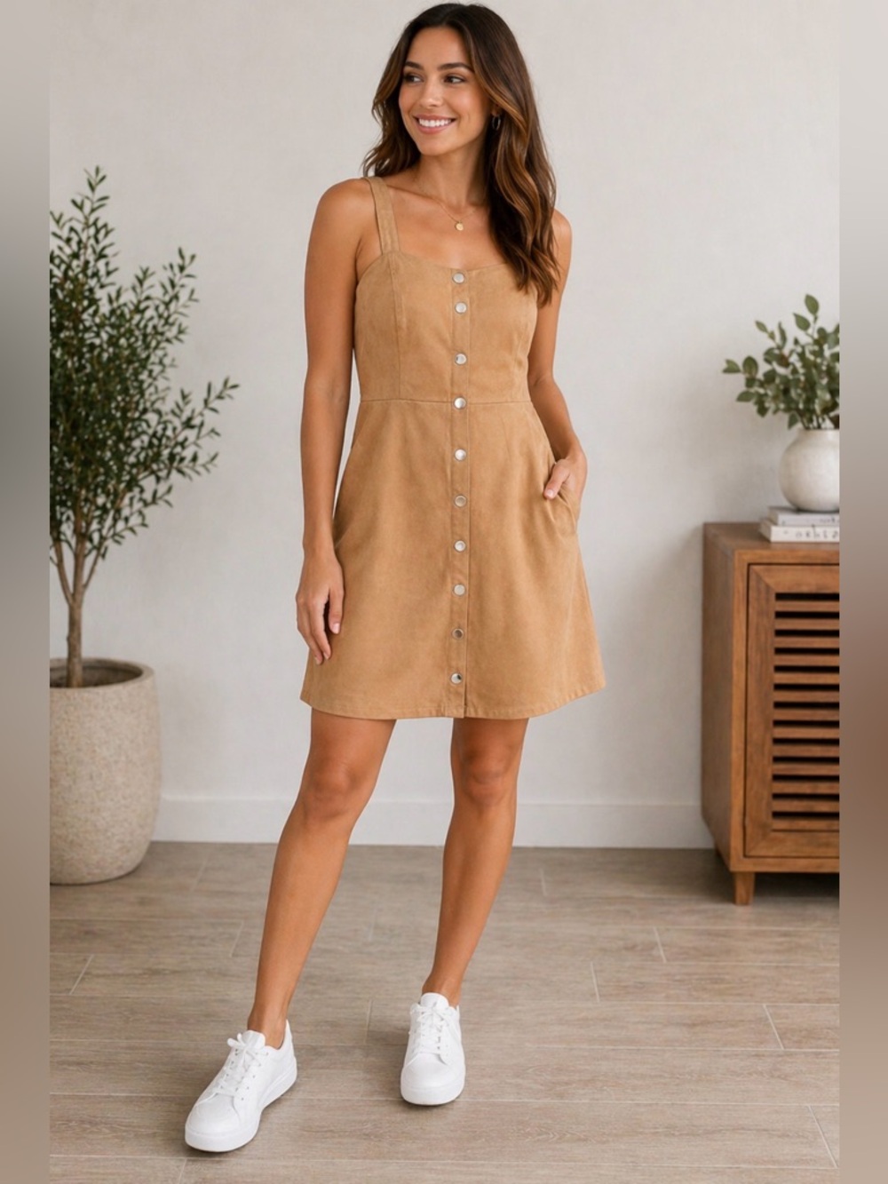 Forever 21 Camel Button-Front Suede Mini Dress